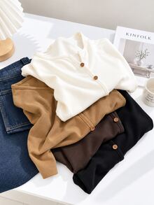 SHEIN Unity Small V-Neck Slim Fit Long Sleeve Solid Color Slimming Basic Layering T-Shirt - Multicolor - View 9