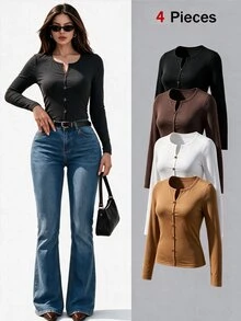SHEIN Unity Small V-Neck Slim Fit Long Sleeve Solid Color Slimming Basic Layering T-Shirt - Multicolor - View 4