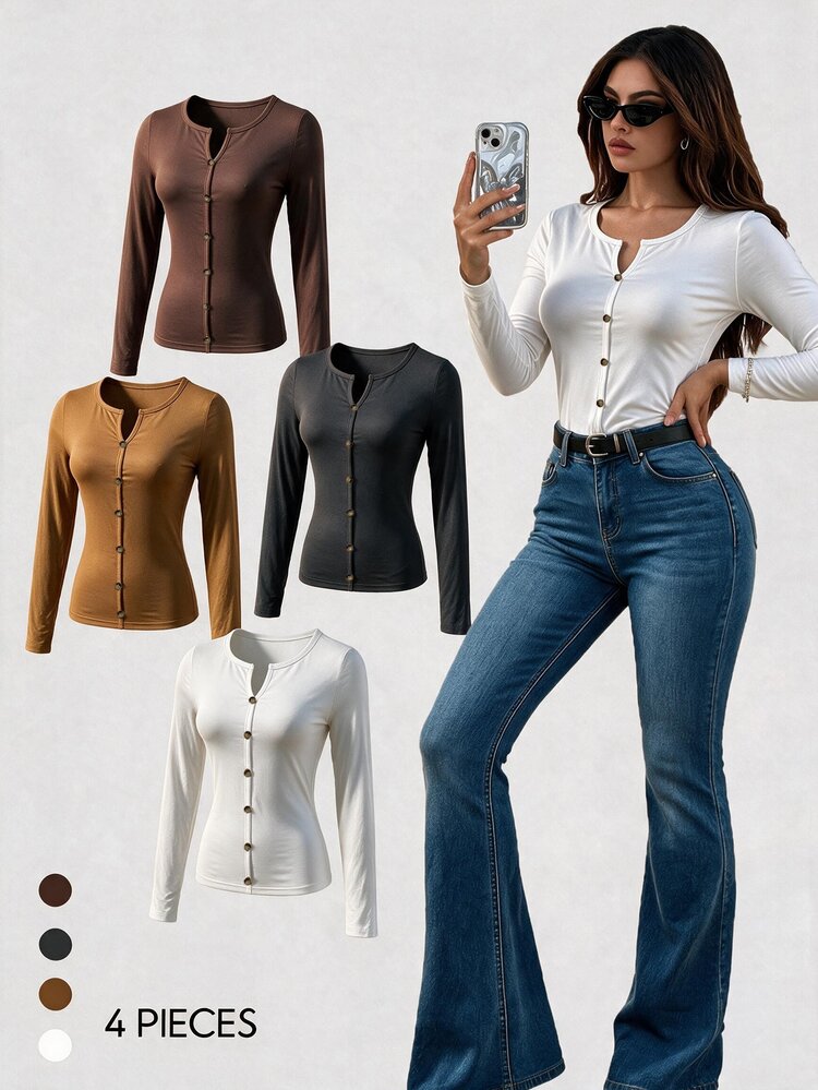 SHEIN Unity Small V-Neck Slim Fit Long Sleeve Solid Color Slimming Basic Layering T-Shirt - Multicolor - View 6