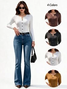 SHEIN Unity Small V-Neck Slim Fit Long Sleeve Solid Color Slimming Basic Layering T-Shirt - Multicolor - View 5