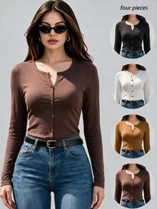 SHEIN Unity Small V-Neck Slim Fit Long Sleeve Solid Color Slimming Basic Layering T-Shirt - Multicolor - View 3