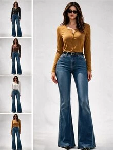 SHEIN Unity Small V-Neck Slim Fit Long Sleeve Solid Color Slimming Basic Layering T-Shirt - Multicolor - View 7