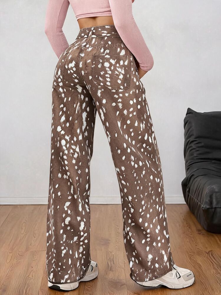 Rivivi Women's Outdoor All-Season Brown Leopard Print Zip Half-Placket Pocket Casual Loose Fit Denim Jeans - Brown - View 2