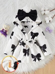 SHEIN 秋冬雙面法蘭絨蝴蝶結印花女嬰新生兒浴袍/睡衣 - 黑色 - 查看 2
