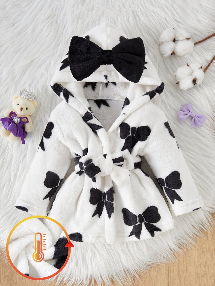 SHEIN Autumn/Winter Double-Sided Flannel Bow Print Baby Girl Newborn Bathrobe/Sleepwear - Black - View 2