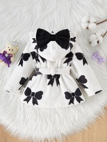 SHEIN 秋冬雙面法蘭絨蝴蝶結印花女嬰新生兒浴袍/睡衣 - 黑色 - 查看 3