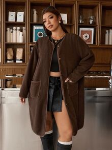 Muchica Women's Plus-Size Brown Single-Breasted Casual Elegant Mid-Length Coat In Faux Shearling Featuring Pockets Suitable For Autumn And Winter Club Formal - Brown - View 5
