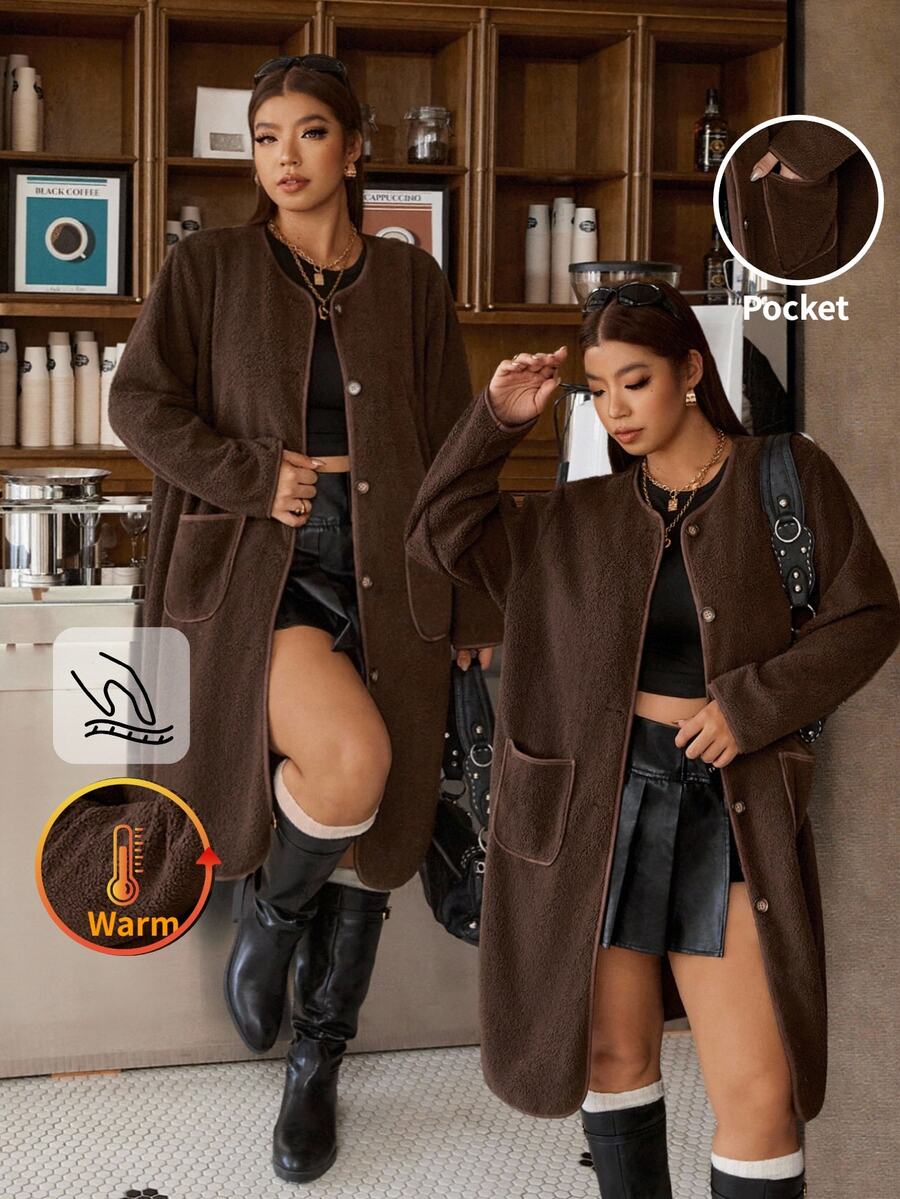 Muchica Women's Plus-Size Brown Single-Breasted Casual Elegant Mid-Length Coat In Faux Shearling Featuring Pockets Suitable For Autumn And Winter Club Formal