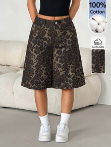 SHEIN PETITE Women's Leopard Print Casual Versatile Daily Wear Shorts - Brown - View 8