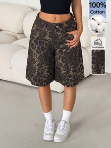 SHEIN PETITE Women's Leopard Print Casual Versatile Daily Wear Shorts - Brown - View 4