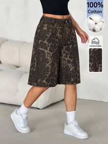 SHEIN PETITE Women's Leopard Print Casual Versatile Daily Wear Shorts - Brown - View 10
