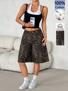 SHEIN PETITE Women's Leopard Print Casual Versatile Daily Wear Shorts - Brown - View 6