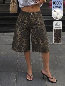 SHEIN PETITE Women's Leopard Print Casual Versatile Daily Wear Shorts - Brown - View 1