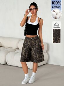 SHEIN PETITE Women's Leopard Print Casual Versatile Daily Wear Shorts - Brown - View 7