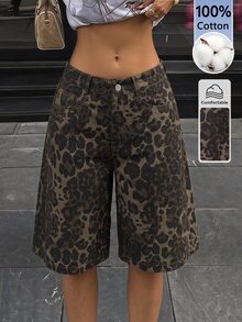 SHEIN PETITE Women's Leopard Print Casual Versatile Daily Wear Shorts - Brown - View 3