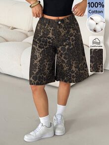 SHEIN PETITE Women's Leopard Print Casual Versatile Daily Wear Shorts - Brown - View 9