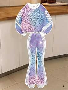 Young Girl Leopard Print Knight Pattern Long Sleeve Sweatshirt And Sweatpants Casual Daily Outfit - Multicolor - View 5