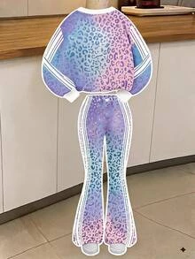 Young Girl Leopard Print Knight Pattern Long Sleeve Sweatshirt And Sweatpants Casual Daily Outfit - Multicolor - View 3
