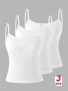 SHEIN Tween Girls 3pcs White Spaghetti Strap Cami Top,Soft Fabric,Minimalist Summer Basic School Style Innerwear For Daily Outings, Casual - White - View 10