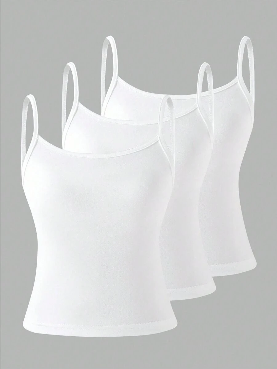 SHEIN Tween Girls 3pcs White Spaghetti Strap Cami Top,Soft Fabric,Minimalist Summer Basic School Style Innerwear For Daily Outings, Casual