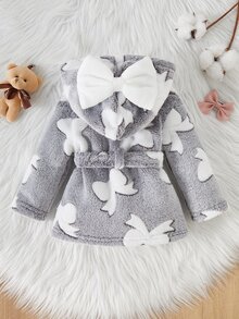 SHEIN 秋冬雙面法蘭絨蝴蝶結印花女嬰新生兒浴袍/睡袍 - 灰色 - 查看 3