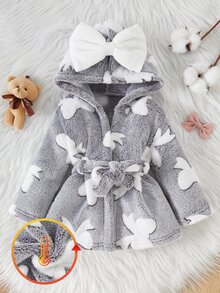 SHEIN 秋冬雙面法蘭絨蝴蝶結印花女嬰新生兒浴袍/睡袍 - 灰色 - 查看 6