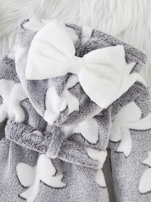 SHEIN 秋冬雙面法蘭絨蝴蝶結印花女嬰新生兒浴袍/睡袍 - 灰色 - 查看 2