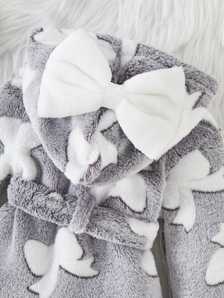 SHEIN Autumn/Winter Double-Sided Flannel Bow Print Baby Girl Newborn Bathrobe/Nightgown - Grey - View 2