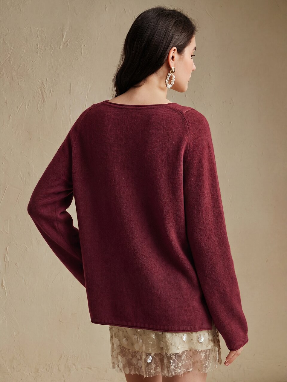 Elegant Romantic Style Loose Long Sleeve Sweater With Lace Collar And Lace Hem Design, Commuter Style Women's Top, Autumn Outfit For Women, Vacation Outfits, Women Going Out Top