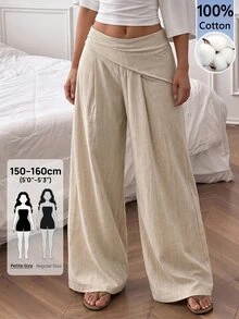 SHEIN PETITE Women's Elegant Beach Vacation Romantic Date Textured Wide Leg Long Pants,High Waist Asymmetric Pleated Design,Summer,Cruise City Street,Petite Women - Apricot - View 9