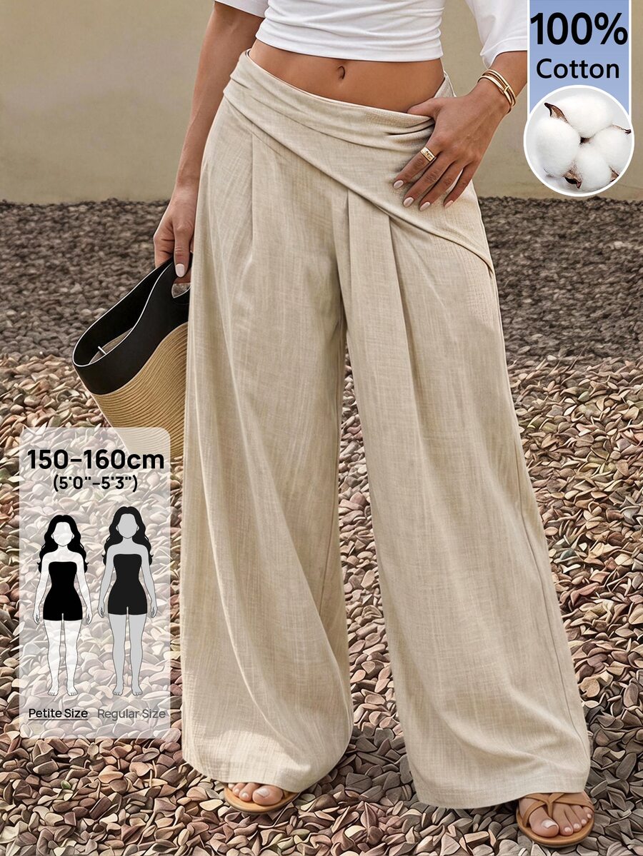 SHEIN PETITE Women's Elegant Beach Vacation Romantic Date Textured Wide Leg Long Pants,High Waist Asymmetric Pleated Design,Summer,Cruise City Street,Petite Women - Apricot - View 1