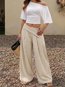 SHEIN PETITE Women's Elegant Beach Vacation Romantic Date Textured Wide Leg Long Pants,High Waist Asymmetric Pleated Design,Summer,Cruise City Street,Petite Women - Apricot - View 8