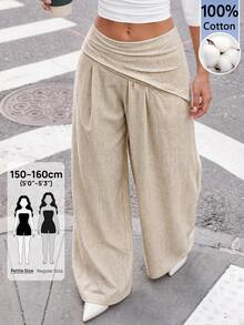 SHEIN PETITE Women's Elegant Beach Vacation Romantic Date Textured Wide Leg Long Pants,High Waist Asymmetric Pleated Design,Summer,Cruise City Street,Petite Women - Apricot - View 10