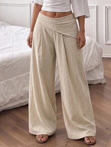 SHEIN PETITE Women's Elegant Beach Vacation Romantic Date Textured Wide Leg Long Pants,High Waist Asymmetric Pleated Design,Summer,Cruise City Street,Petite Women - Apricot - View 7