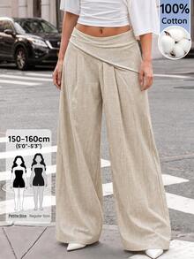 SHEIN PETITE Women's Elegant Beach Vacation Romantic Date Textured Wide Leg Long Pants,High Waist Asymmetric Pleated Design,Summer,Cruise City Street,Petite Women - Apricot - View 11