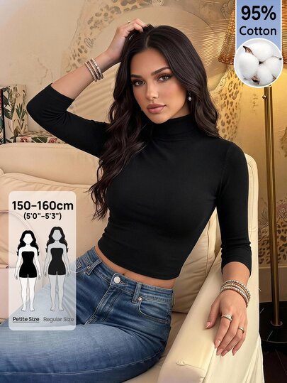 SHEIN PETITE חולצה לנשים בצבע אחיד, אופנתית ורב-שימושית עם שרוולים עד המרפק