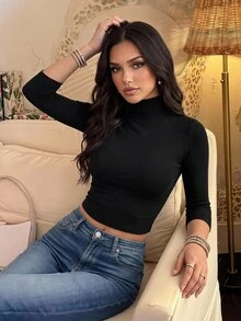 SHEIN PETITE بلوزة نسائية بلون موحد بتصميم عصري متعدد الاستخدامات بأكمام ثلاثة أرباع - الأسود - مشاهدة 8