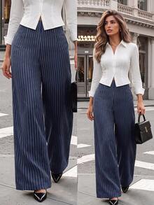 SHEIN PETITE 女款高腰直筒條紋長褲，適合約會、度假、派對、辦公室工作、商務、日常外出，藍白條紋，小碼 - 藏蓝色 - 查看 7