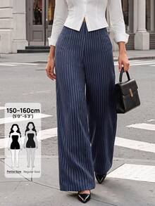 SHEIN PETITE 女款高腰直筒條紋長褲，適合約會、度假、派對、辦公室工作、商務、日常外出，藍白條紋，小碼 - 藏蓝色 - 查看 8
