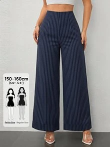 SHEIN PETITE 女款高腰直筒條紋長褲，適合約會、度假、派對、辦公室工作、商務、日常外出，藍白條紋，小碼 - 藏蓝色 - 查看 6