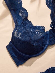 Charlaine Conjunto de 2 piezas de lencería de seda de leche con ribete de encaje + bragas triangulares de talla estándar para mujer - Azul Marino - Ver 5