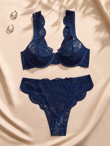Charlaine Conjunto de 2 piezas de lencería de seda de leche con ribete de encaje + bragas triangulares de talla estándar para mujer - Azul Marino - Ver 7