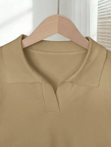 SHEIN Women's Simple Solid Color Turndown Collar Short Sleeve Casual Fitted Knit Top, Versatile For Spring And Summer - Apricot - View 5