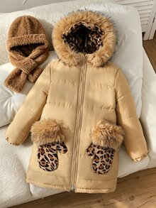 SHEIN Elladie kids 青少年女孩加厚外套，卡其色，休閒版型，秋冬保暖，時尚百搭，冬季，連帽，拉鍊，寬鬆，厚實，日常穿著，街頭風，秋季 - 卡其色 - 查看 3