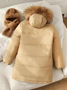 SHEIN Elladie kids 青少年女孩加厚外套，卡其色，休閒版型，秋冬保暖，時尚百搭，冬季，連帽，拉鍊，寬鬆，厚實，日常穿著，街頭風，秋季 - 卡其色 - 查看 2