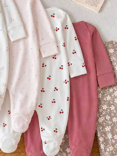 5pcs Randomly Sent 1pc Newborn Baby Girl Jumpsuit Set,Autumn/Winter, Soft Comfortable Thin Jumpsuit, Exquisite Cute Cherry Blossom Floral Print, Home