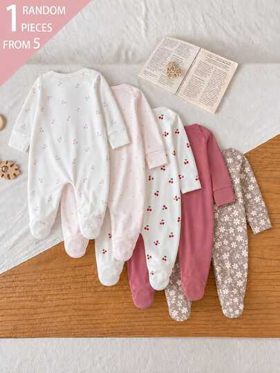 5pcs Randomly Sent 1pc Newborn Baby Girl Jumpsuit Set,Autumn/Winter, Soft Comfortable Thin Jumpsuit, Exquisite Cute Cherry Blossom Floral Print, Home