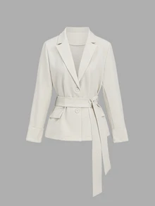 Sunnyshic French Elegant Lapel Design Unique Flap Cuff Same Color Button Closure Unique Button Style Waist Belt Early Autumn Long Sleeve Commuter Versatile Women's Blazer - Apricot - View 1