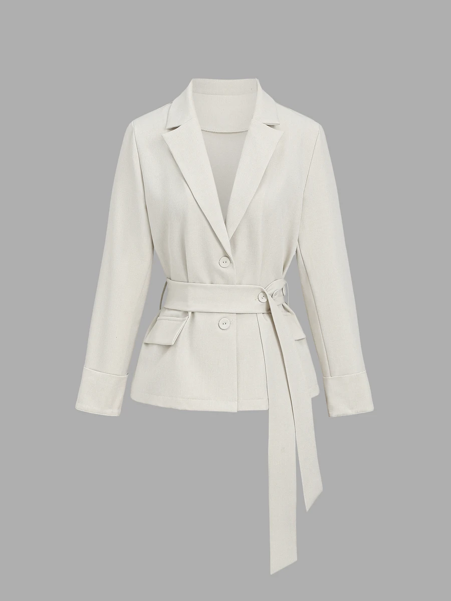 Sunnyshic French Elegant Lapel Design Unique Flap Cuff Same Color Button Closure Unique Button Style Waist Belt Early Autumn Long Sleeve Commuter Versatile Women's Blazer - Apricot - View 1