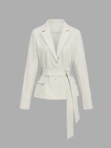 Sunnyshic French Elegant Lapel Design Unique Flap Cuff Same Color Button Closure Unique Button Style Waist Belt Early Autumn Long Sleeve Commuter Versatile Women's Blazer - Apricot - View 3